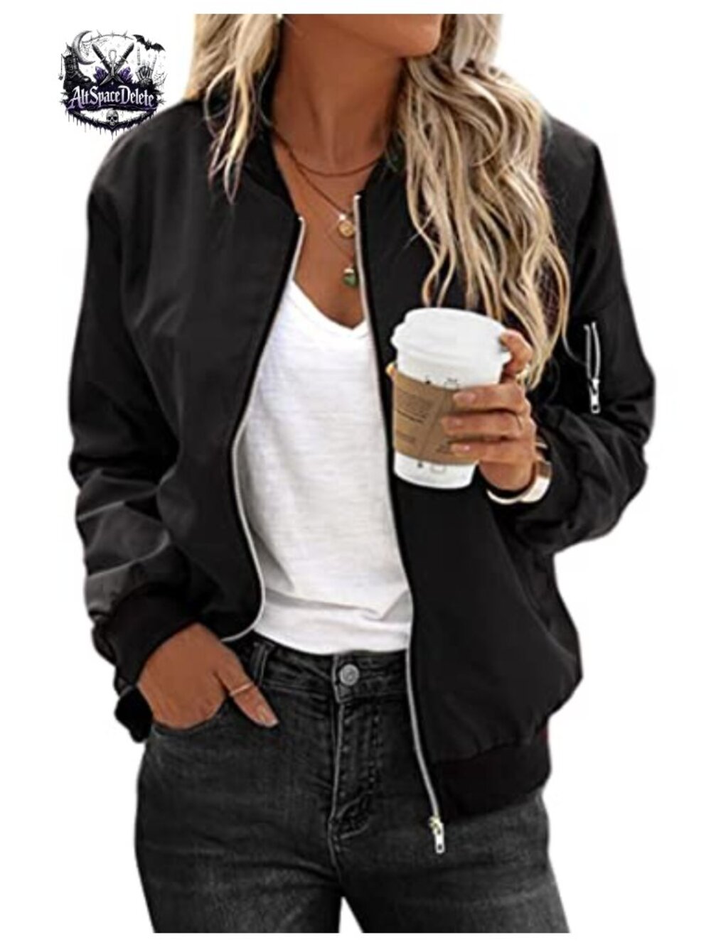 Women's Lightweight Bomber Jacket Long Sleeve Zip Up Coat with Pockets